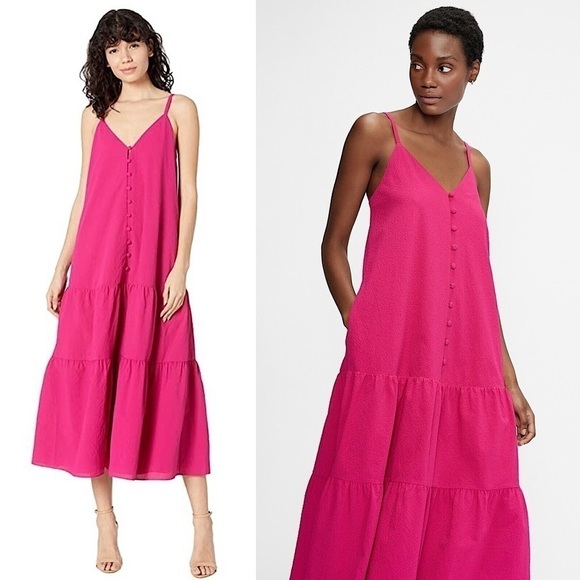 NWT TED BAKER Barbie Pink Sleeveless Button Front Tiered Ruffle Hem Midi Dress 2 - Picture 1 of 12